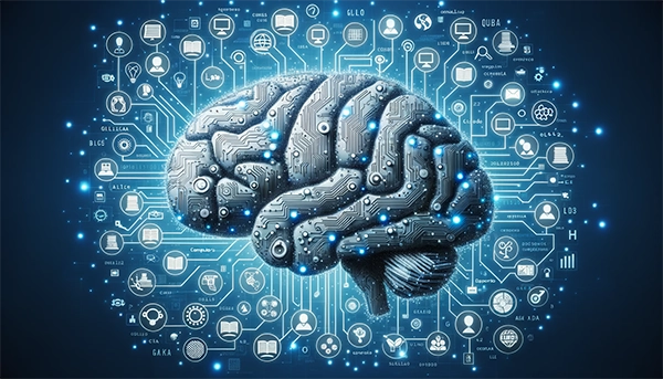Una imagen que representa la fusión de la inteligencia artificial y la educación. Un cerebro digital rodeado de iconos de libros, computadoras y estudiantes, con circuitos y códigos fluyendo a través de él, todo en tonos azules y grises.